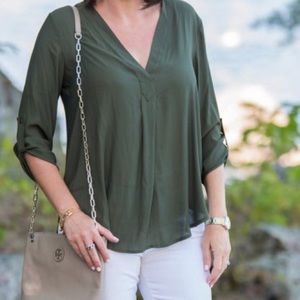 Lush Olive Green Crepe Roll-Tab Sleeve Blouse